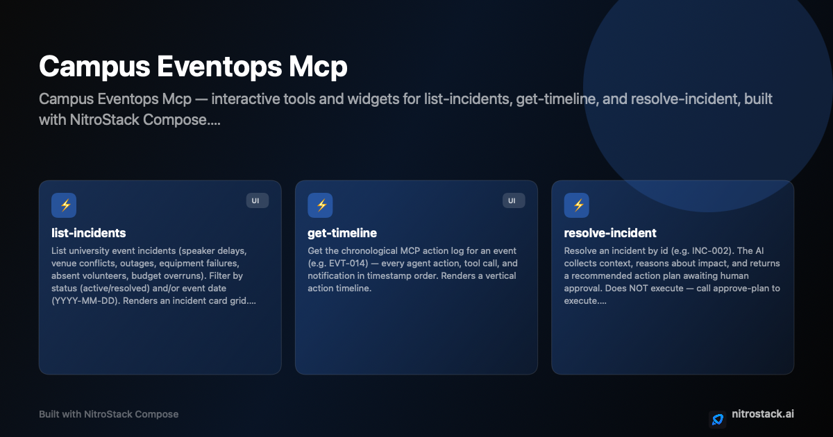 Campus EventOps MCP is an AI-powered university event operations coordinator built around the Model Context Protocol (MCP). It is NOT a simple event management portal. The goal is to coordinate multiple university departments, volunteers, faculty members, and organizers before and during an event.

Design a beautiful enterprise dashboard with a clean modern UI.

Use a sidebar with:
- Dashboard
- Events
- Incident Center
- Venue Manager
- Volunteers
- Approvals
- Wekan Integration
- AI Timeline… screenshot 1